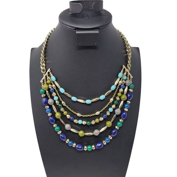 Multi Strand Layered Bib Chocker Necklace 5 Strand Beaded Blue Gold Green Gift - Picture 1 of 11